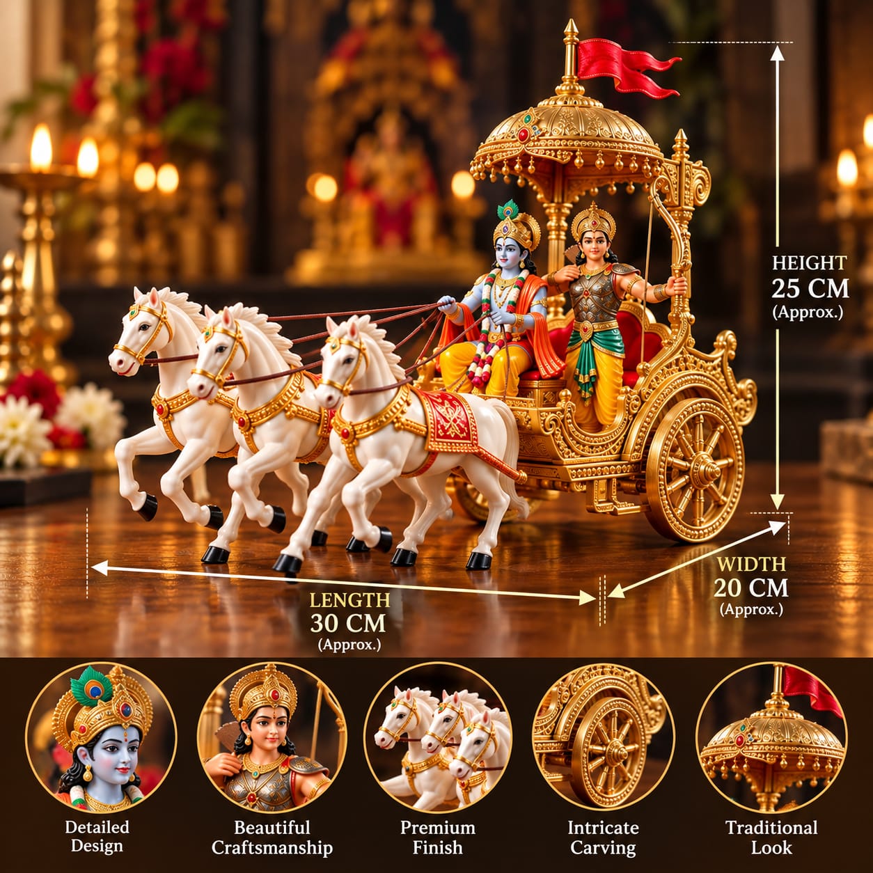 Premium Lord Krishna & Arjuna Golden Chariot Decorative Showpiece – 25 CM - Image 4