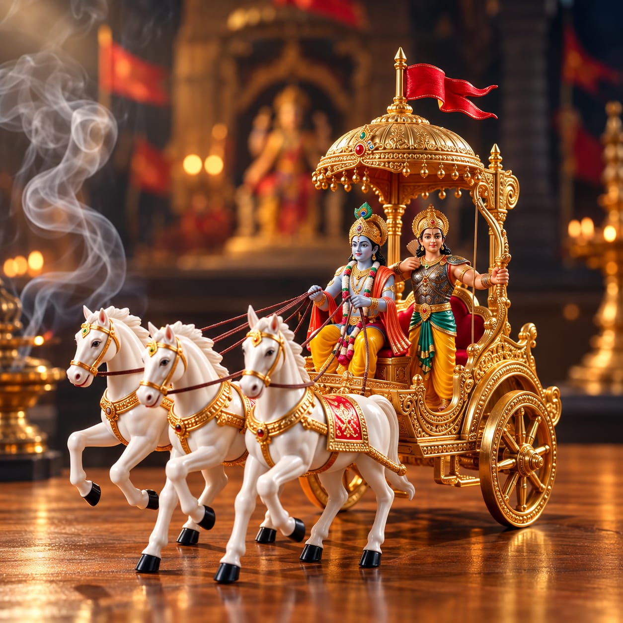 Premium Lord Krishna & Arjuna Golden Chariot Decorative Showpiece – 25 CM