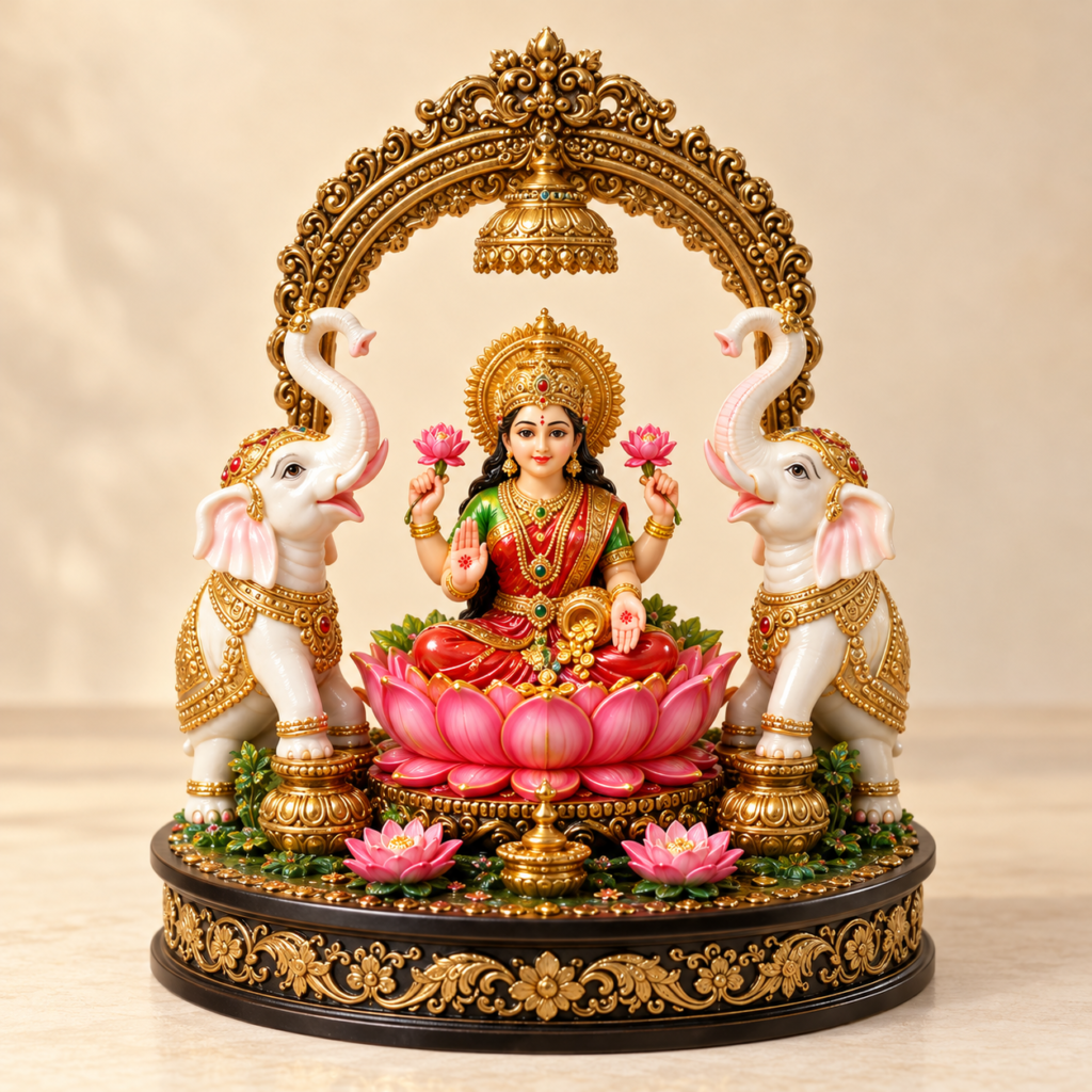 Goddess Lakshmi LED Fountain Showpiece with White Elephants & Lotus | Premium Religious Home Décor