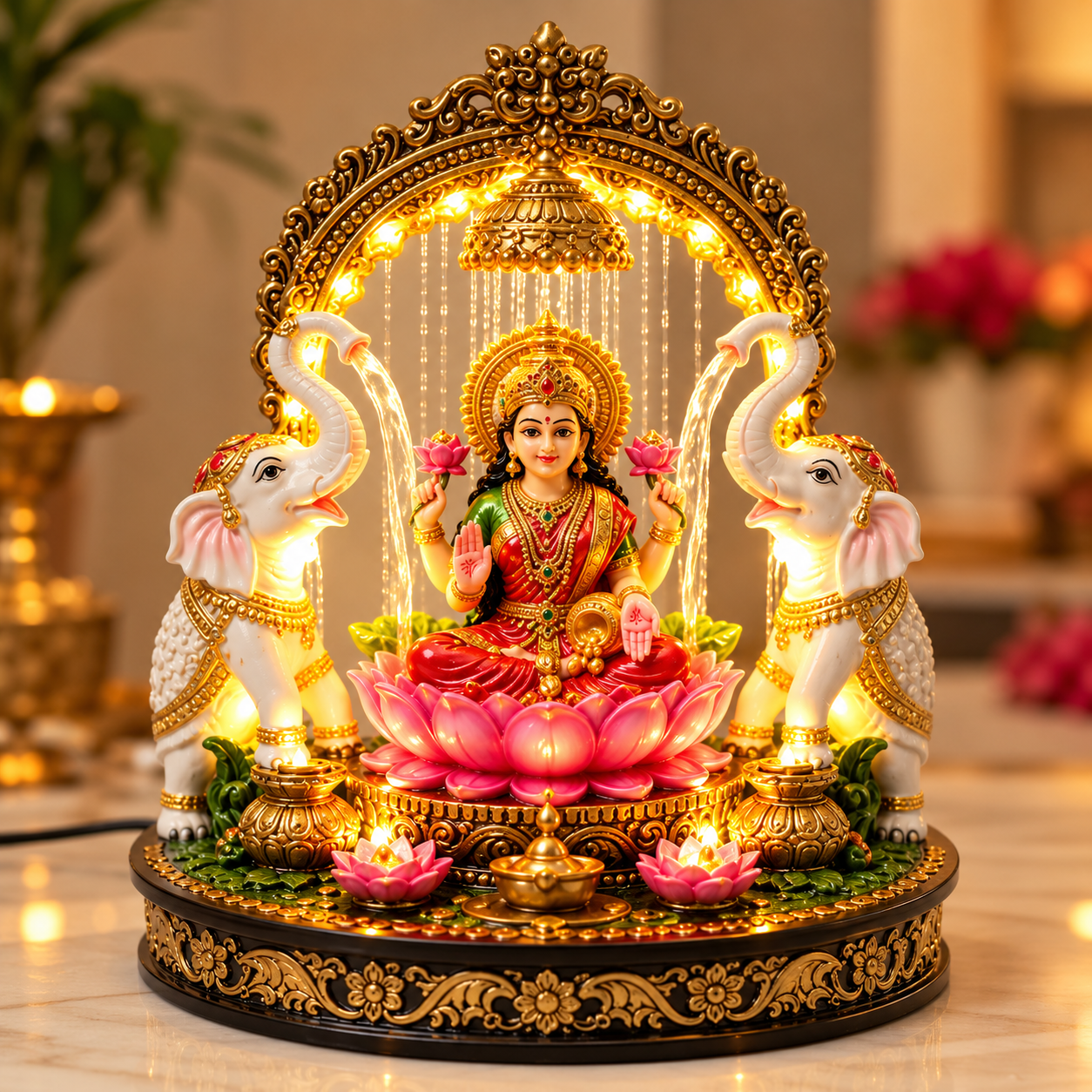 Goddess Lakshmi LED Fountain Showpiece with White Elephants & Lotus | Premium Religious Home Décor - Image 2