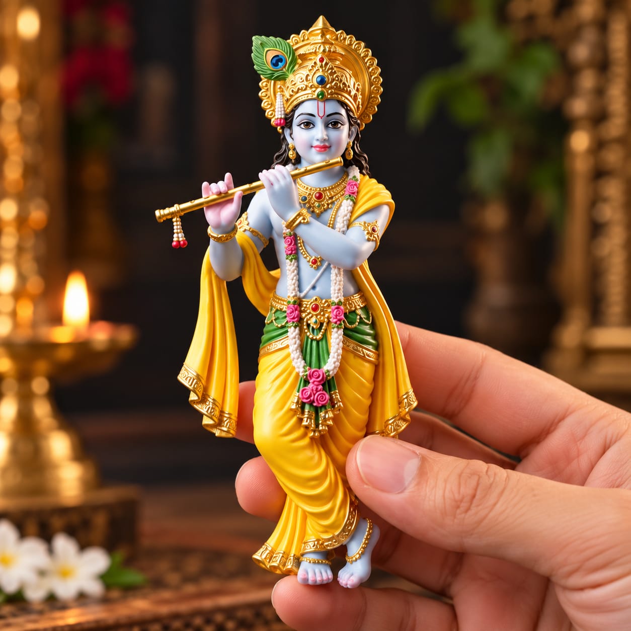 Floating Lord Krishna Idol with LED Light & Decorative Miniature Garden – 25 CM - Image 2