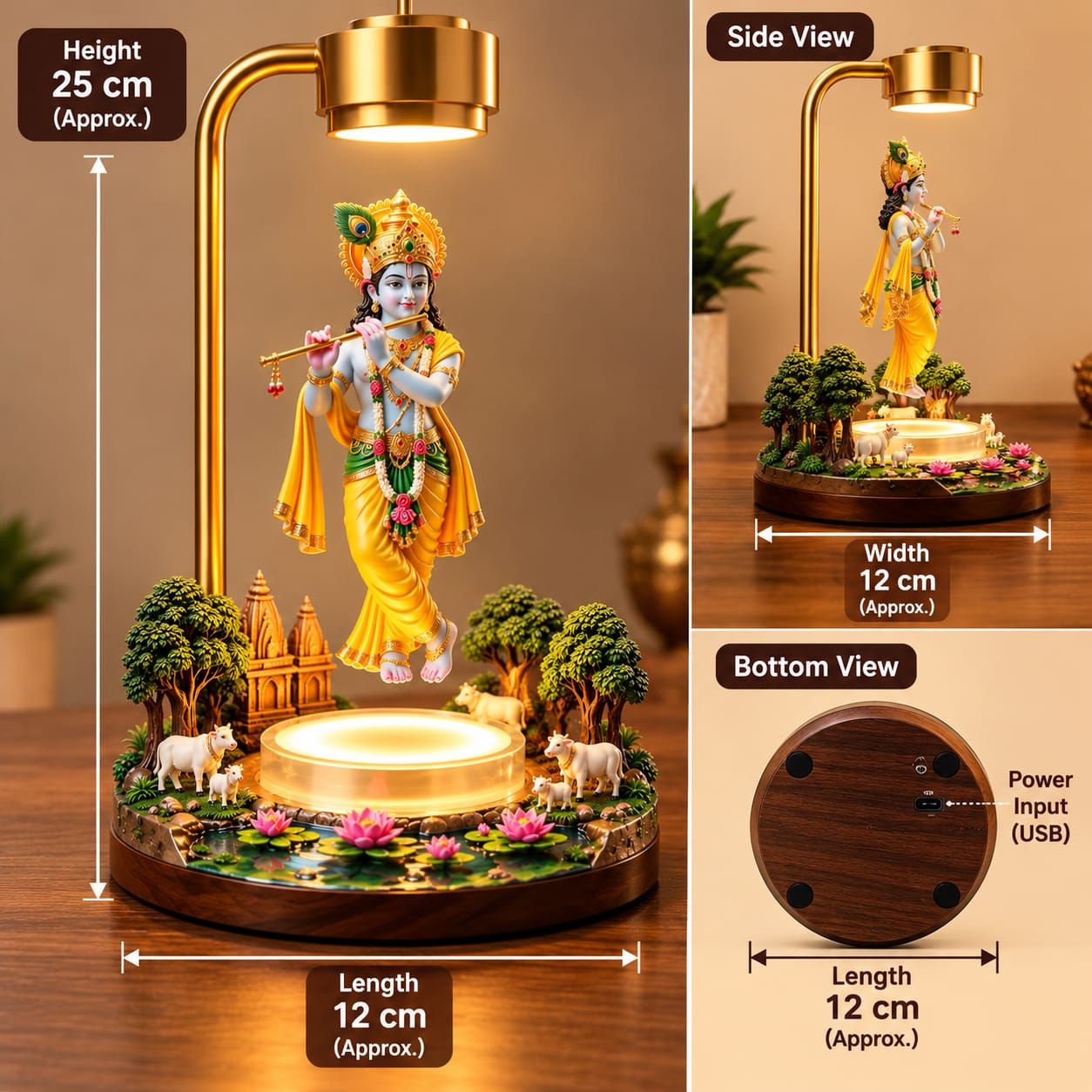 Floating Lord Krishna Idol with LED Light & Decorative Miniature Garden – 25 CM - Image 3