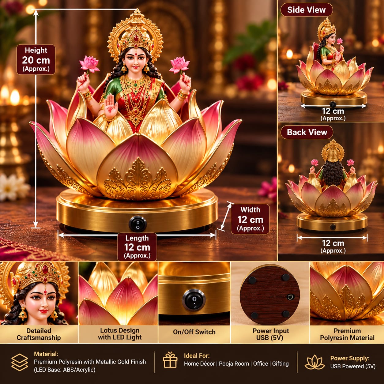 Goddess Lakshmi Lotus LED Decorative Idol – Premium Polyresin Showpiece | 20 CM - Image 3