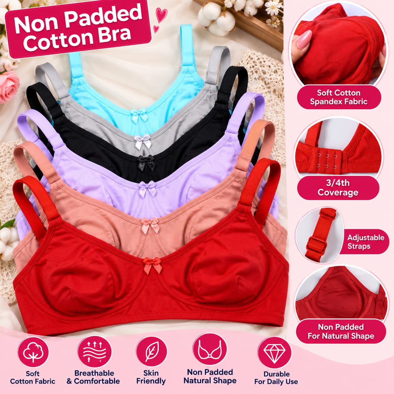 Women’s Non-Padded Cotton Spandex Bra | 3/4 Coverage Pack of 3 - Image 2