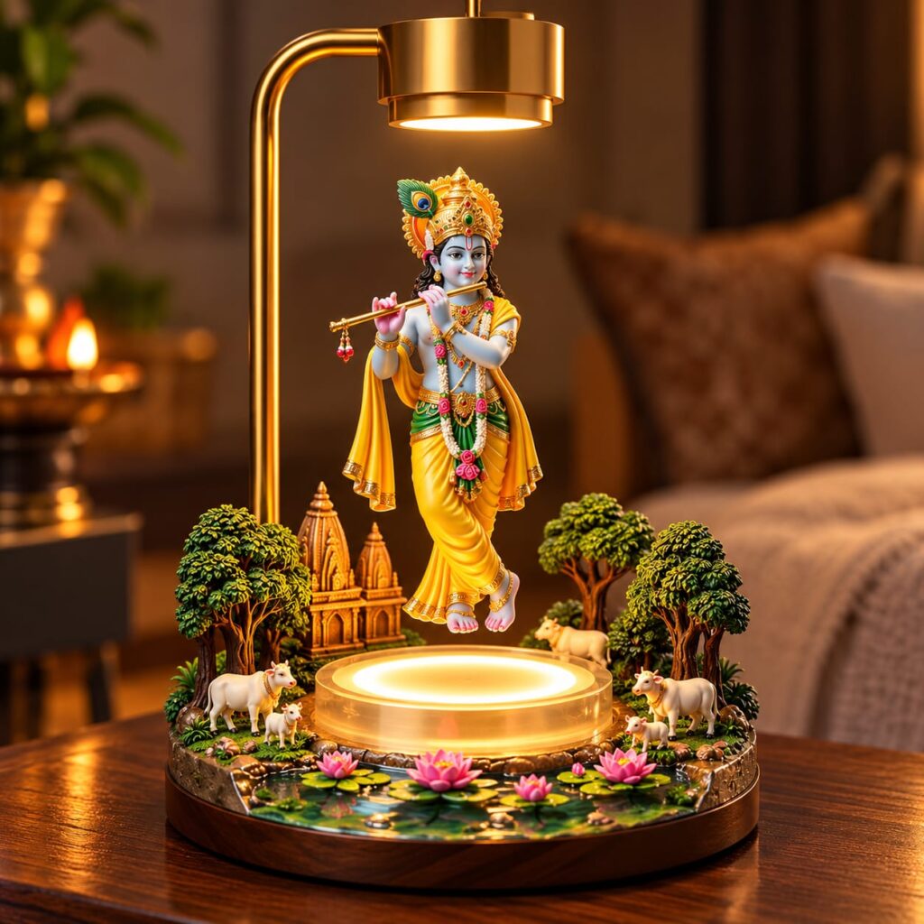 Floating Lord Krishna Idol with LED Light & Decorative Miniature Garden – 25 CM