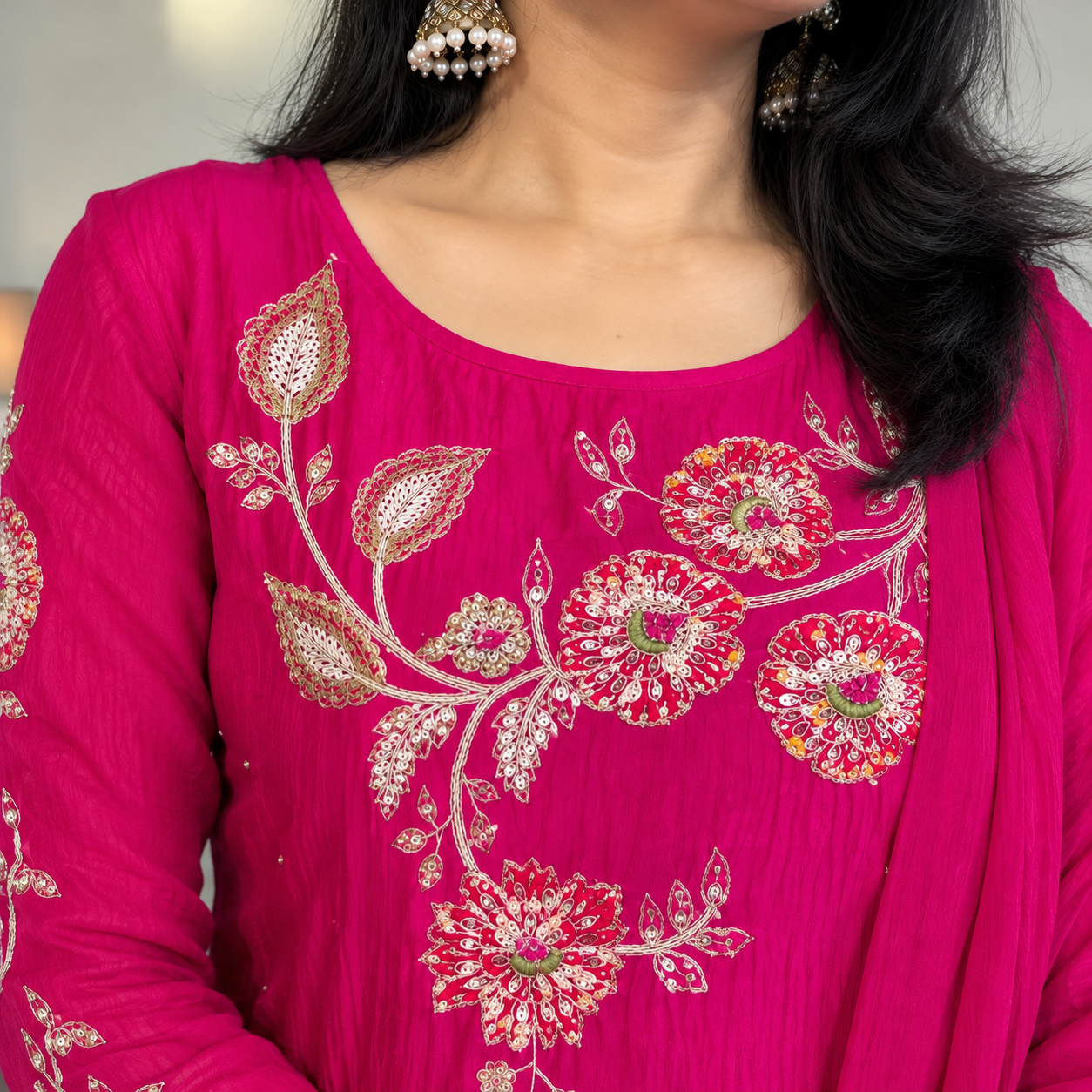 Women’s Rani Pink Embroidered Kurta Pant Dupatta Set with Golden Floral Work - Image 2