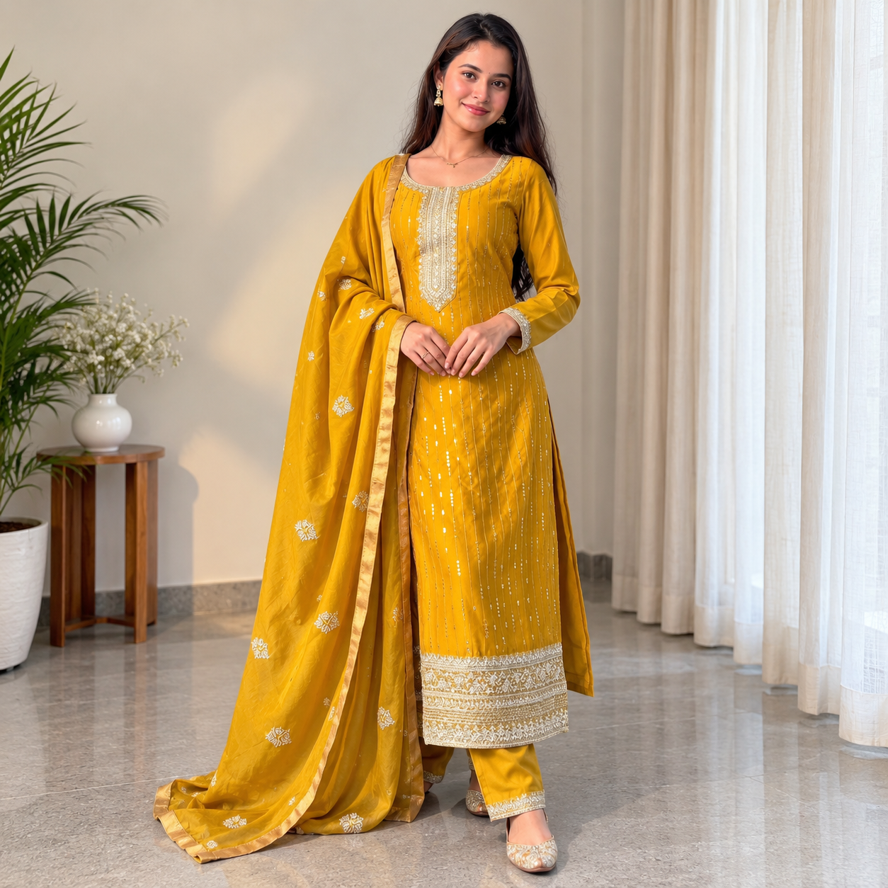 Women’s Mustard Yellow Embroidered Kurta Pant Dupatta Set with Golden Detailing
