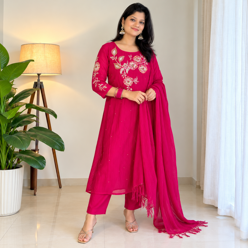 Women’s Rani Pink Embroidered Kurta Pant Dupatta Set with Golden Floral Work