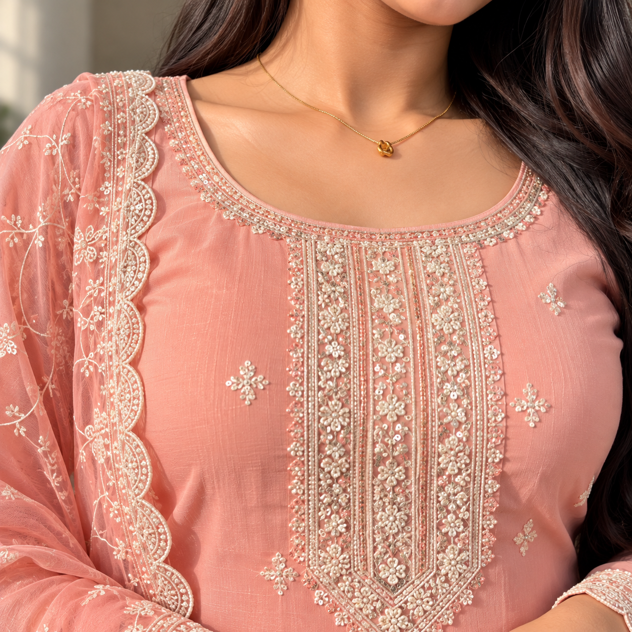Women’s Peach Pink Embroidered Kurta Pant Dupatta Set with Lace Border - Image 4