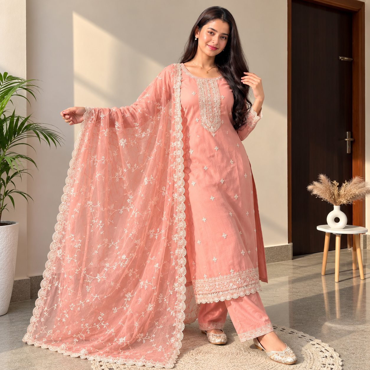 Women’s Peach Pink Embroidered Kurta Pant Dupatta Set with Lace Border - Image 3