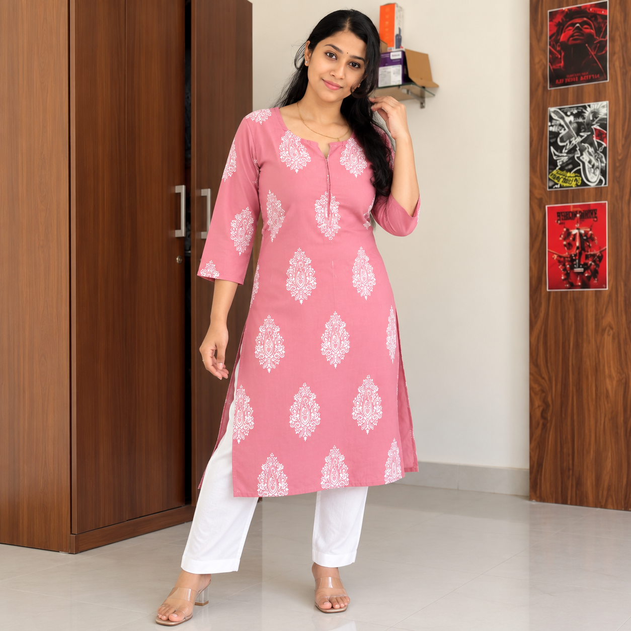 Women’s Pink Cotton Kurta Pant Dupatta Set with White Printed Design