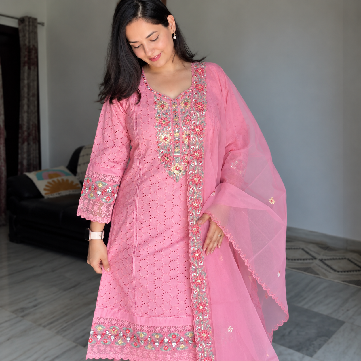 Women’s Pink Embroidered Kurta Pant Dupatta Set with Cutwork Detailing - Image 2