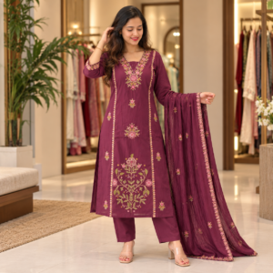 Women’s Wine Maroon Embroidered Kurta Pant Dupatta Set with Floral Thread Work