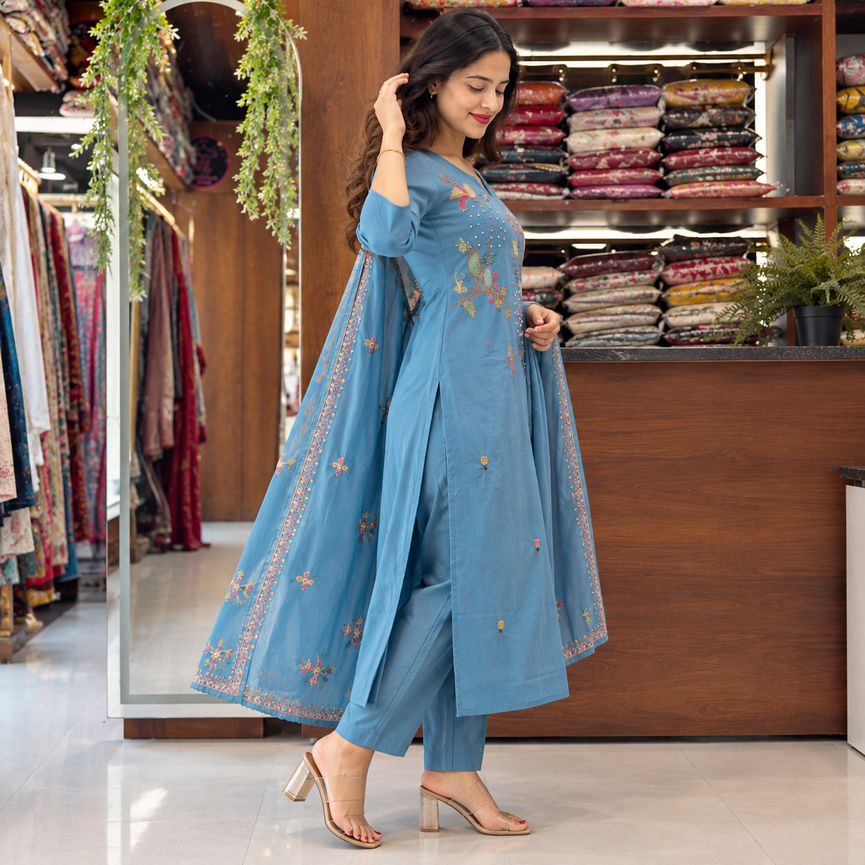 Women’s Steel Blue Embroidered Kurta Pant Dupatta Set with Multicolour Floral Work - Image 2