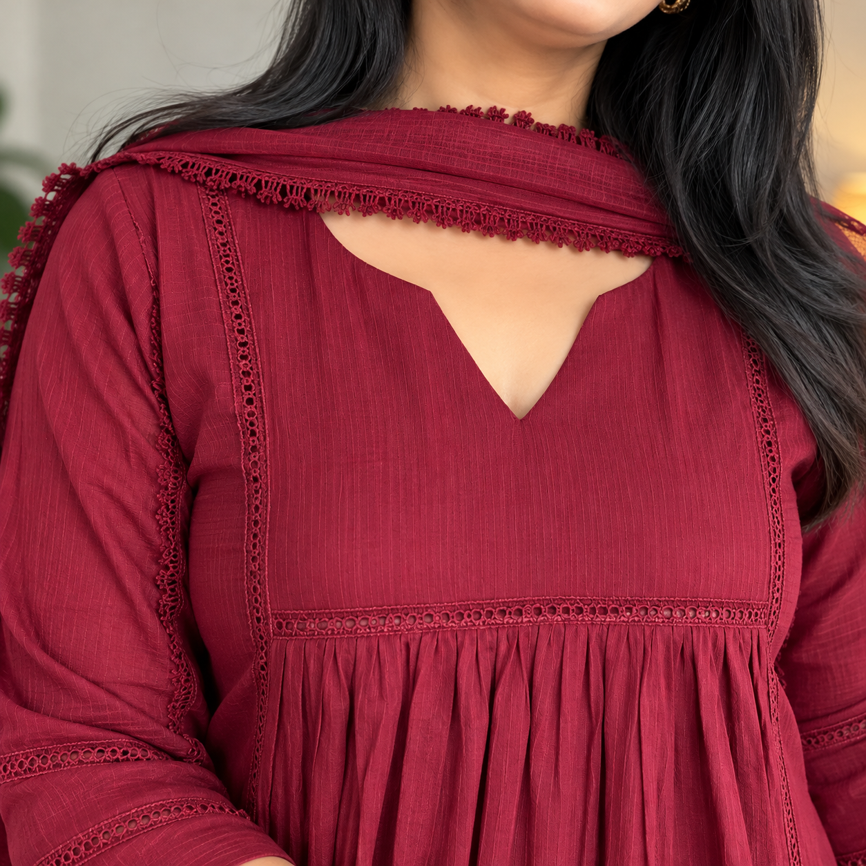 Women’s Maroon Pure South Cotton Anarkali Kurta Pant Dupatta Set - Image 2