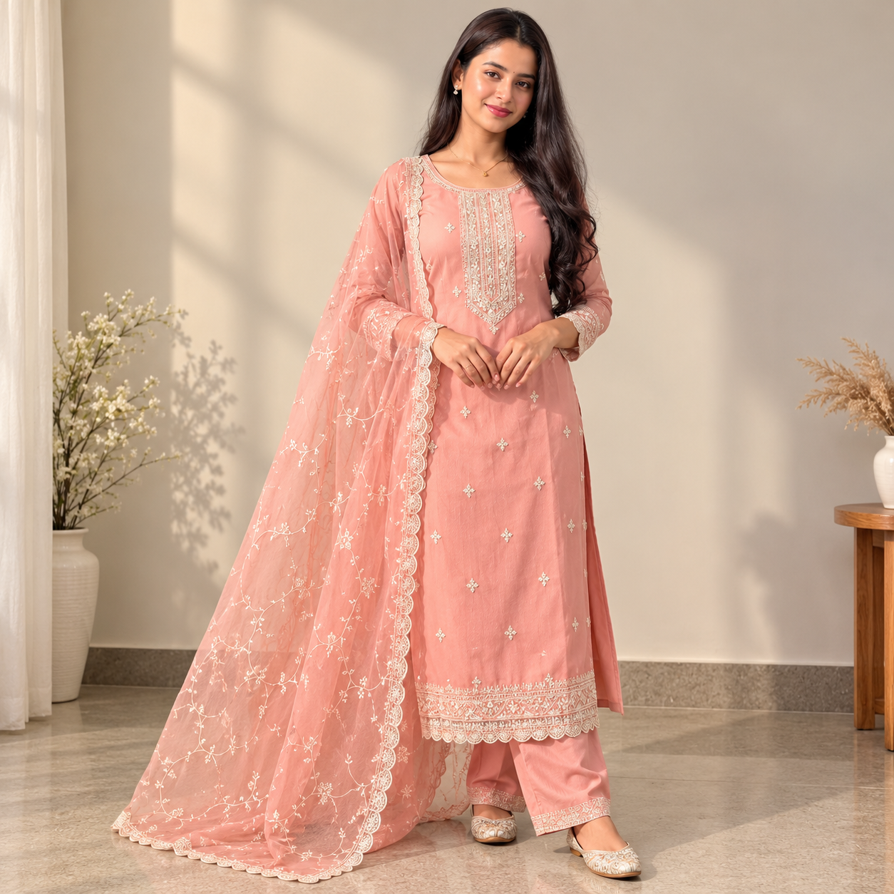 Women’s Peach Pink Embroidered Kurta Pant Dupatta Set with Lace Border
