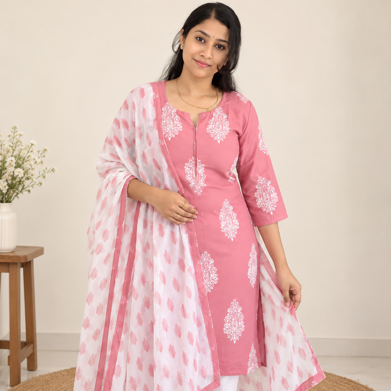 Women’s Pink Cotton Kurta Pant Dupatta Set with White Printed Design - Image 2