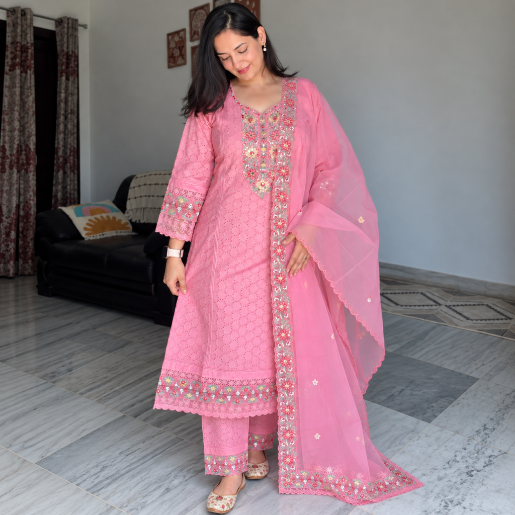 Women’s Pink Embroidered Kurta Pant Dupatta Set with Cutwork Detailing
