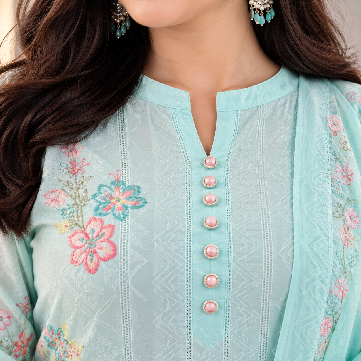 Women’s Sea Green South Cotton Embroidered Kurta Pant Dupatta Set - Image 2