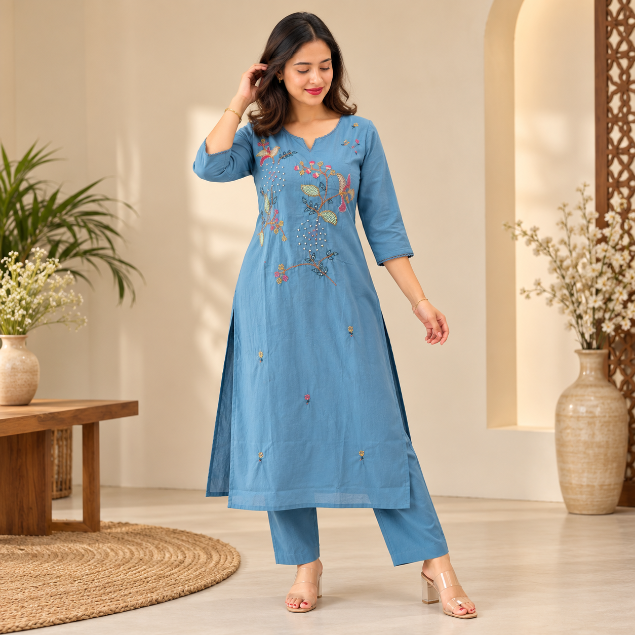 Women’s Steel Blue Embroidered Kurta Pant Dupatta Set with Multicolour Floral Work - Image 3