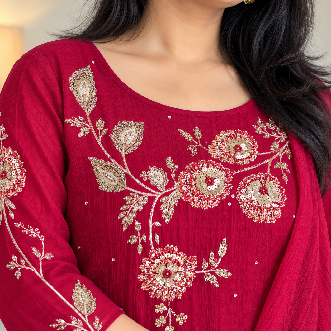 Women’s Rani Pink Pure Cotton Embroidered Kurta Pant Dupatta Set - Image 2