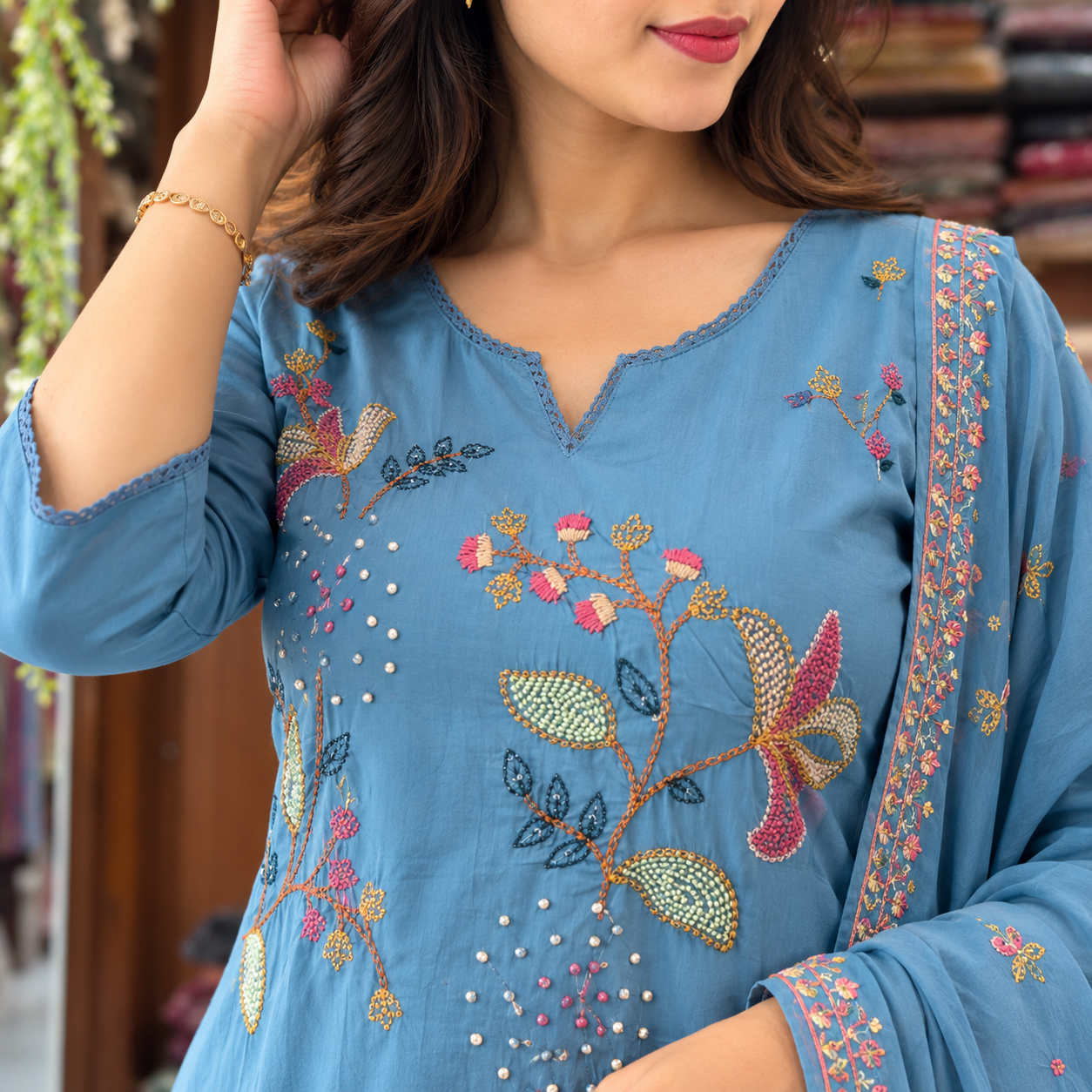 Women’s Steel Blue Embroidered Kurta Pant Dupatta Set with Multicolour Floral Work - Image 4