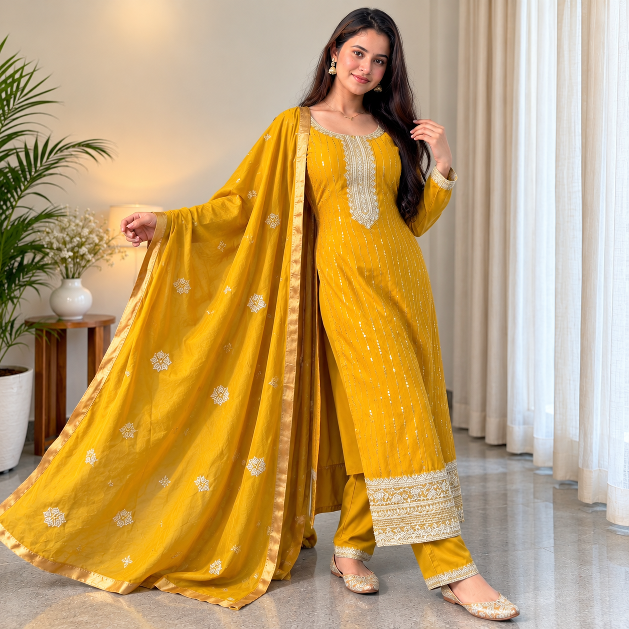 Women’s Mustard Yellow Embroidered Kurta Pant Dupatta Set with Golden Detailing - Image 2
