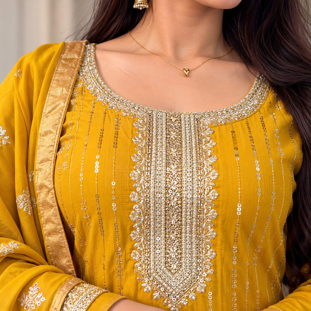 Women’s Mustard Yellow Embroidered Kurta Pant Dupatta Set with Golden Detailing - Image 3