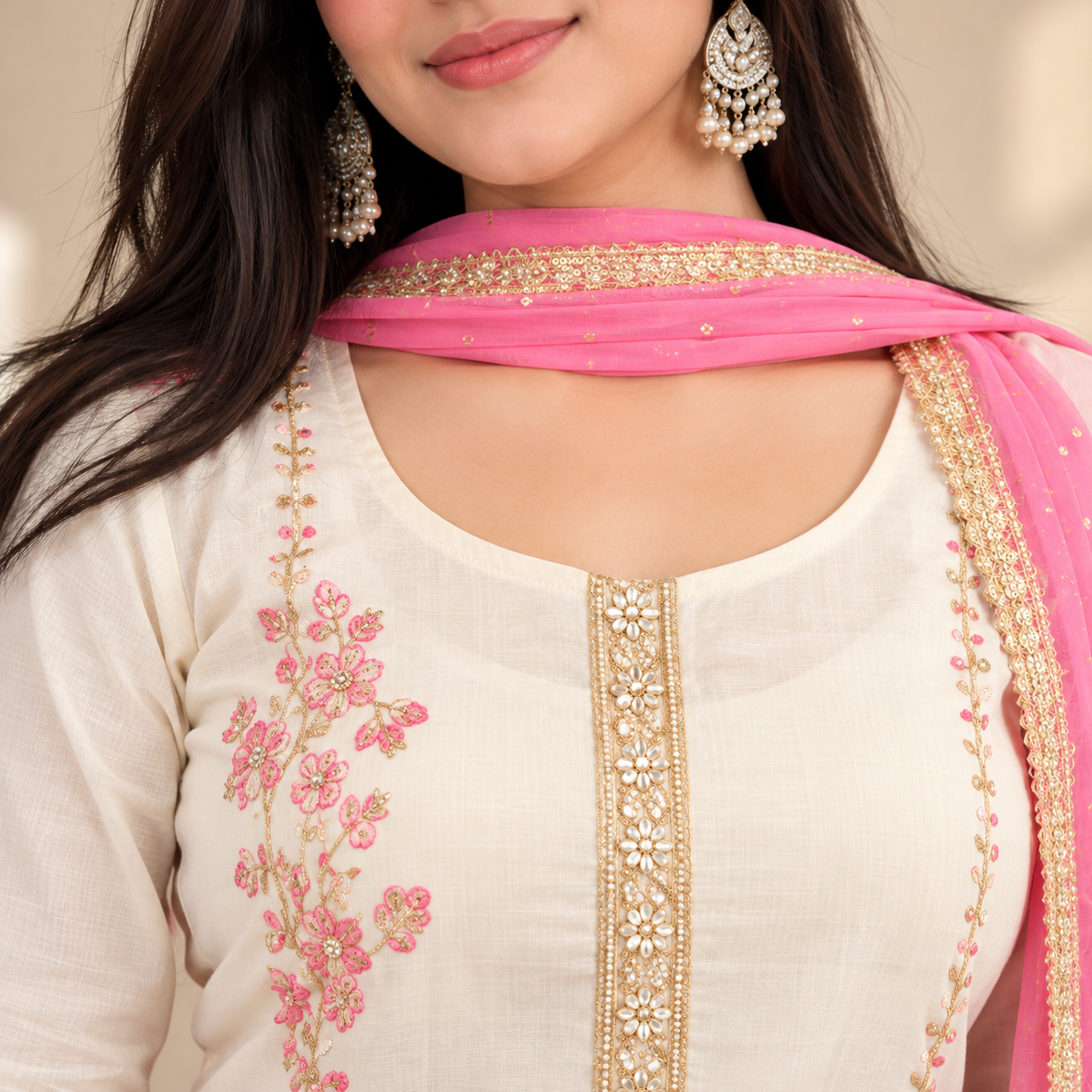 Women’s Cream Pink Embroidered Kurta Pant Dupatta Set with Lace Detailing - Image 2
