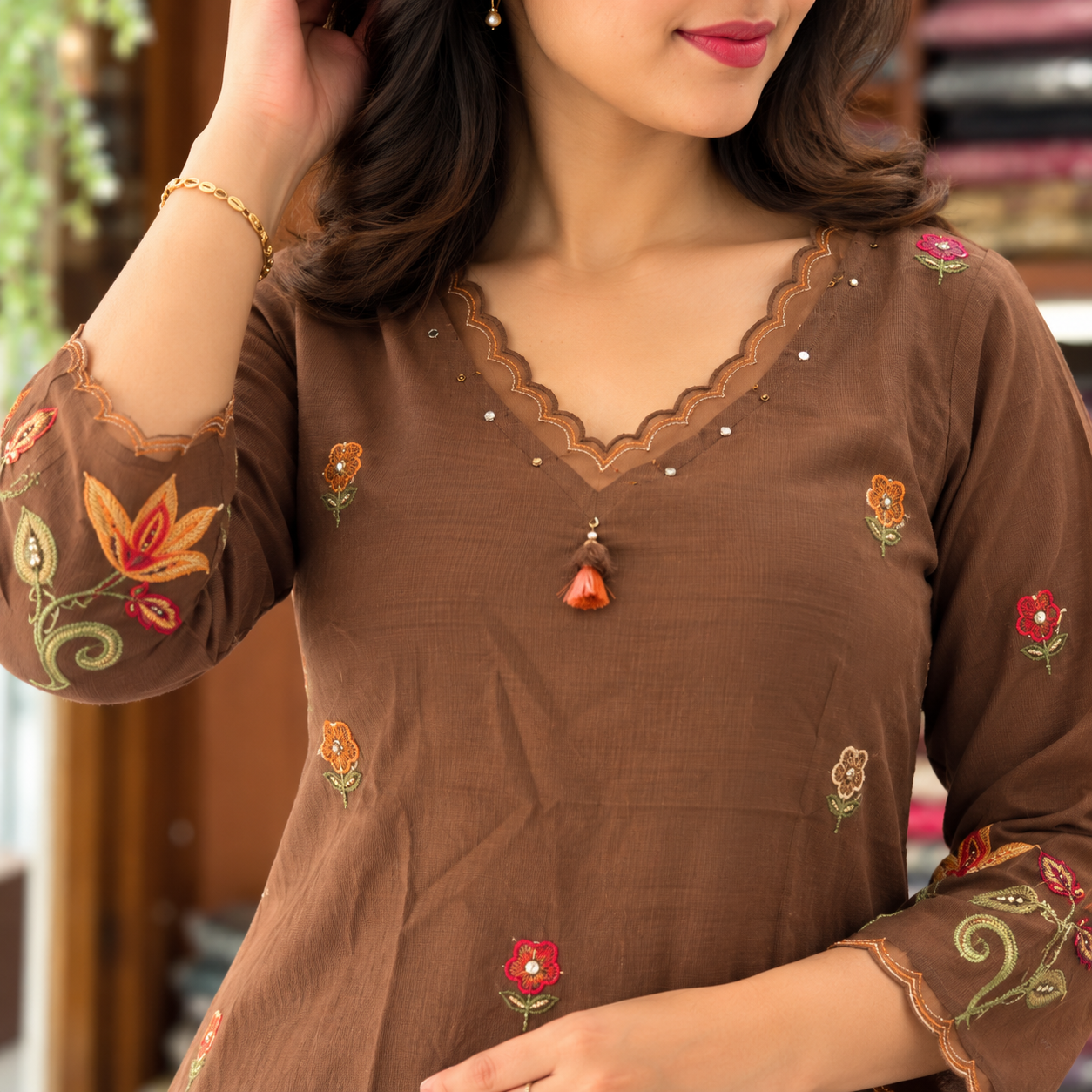 Women’s Coffee Brown Pure Cotton Embroidered Kurta Pant Dupatta Set - Image 2