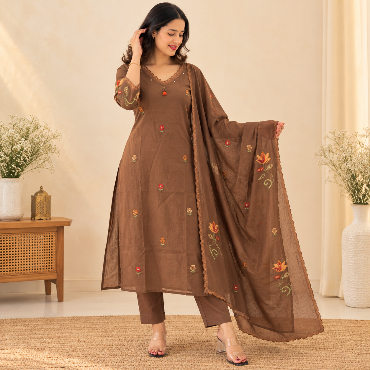 Women’s Coffee Brown Pure Cotton Embroidered Kurta Pant Dupatta Set