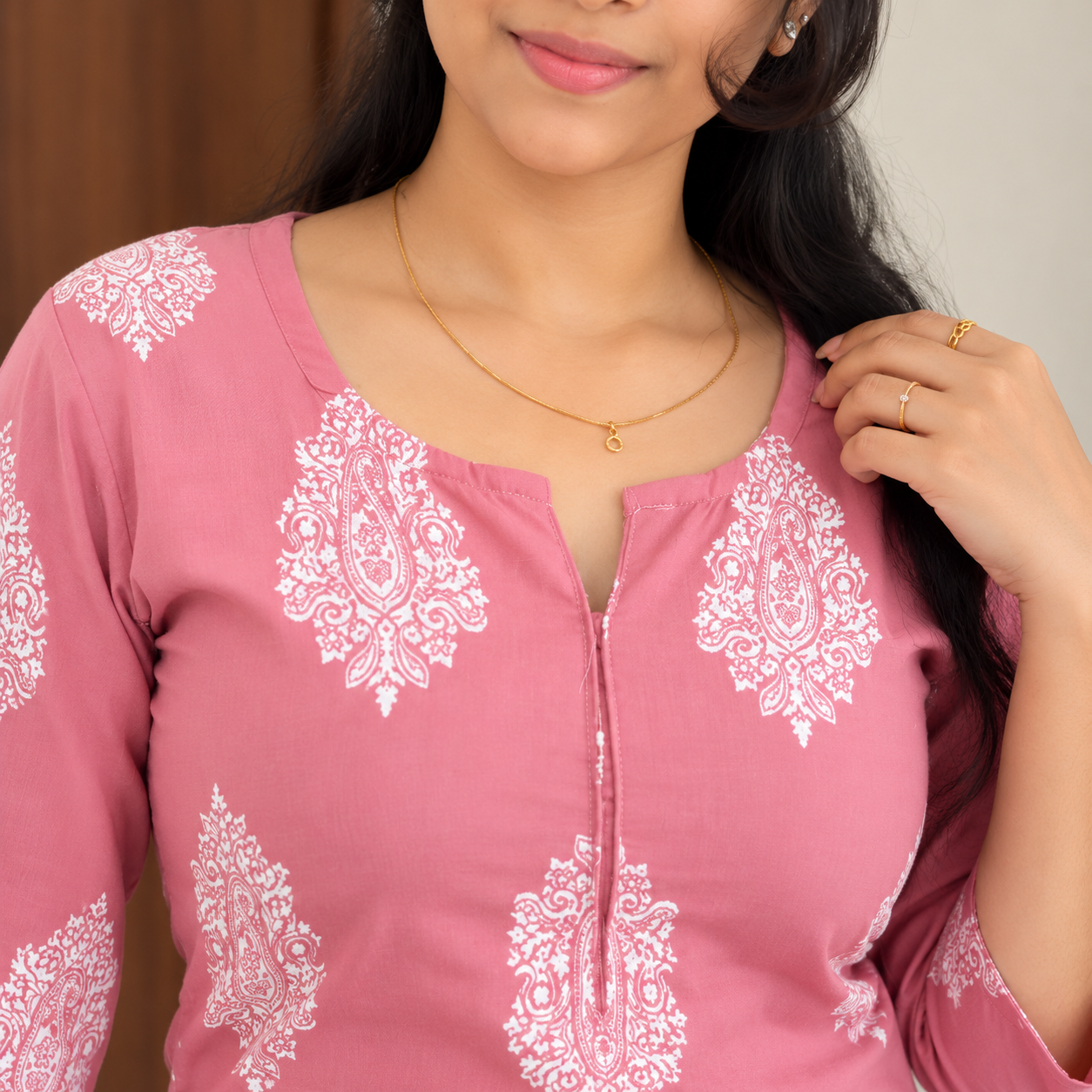 Women’s Pink Cotton Kurta Pant Dupatta Set with White Printed Design - Image 3