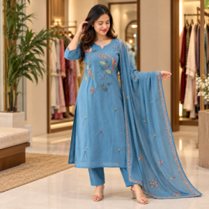 Women’s Steel Blue Embroidered Kurta Pant Dupatta Set with Multicolour Floral Work