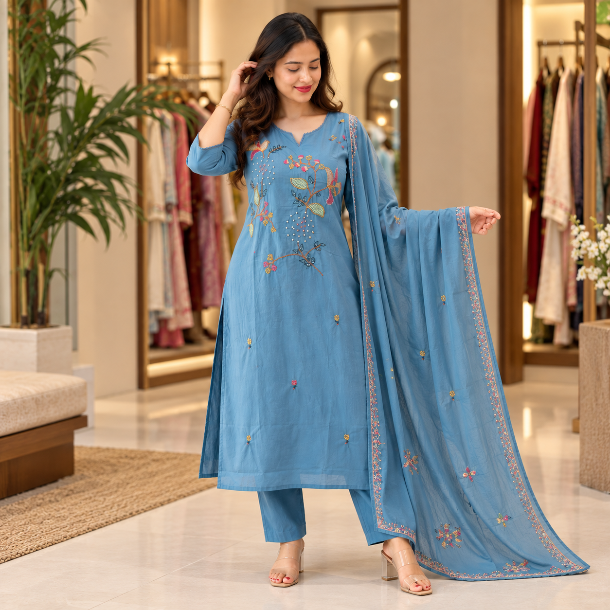Women’s Steel Blue Embroidered Kurta Pant Dupatta Set with Multicolour Floral Work