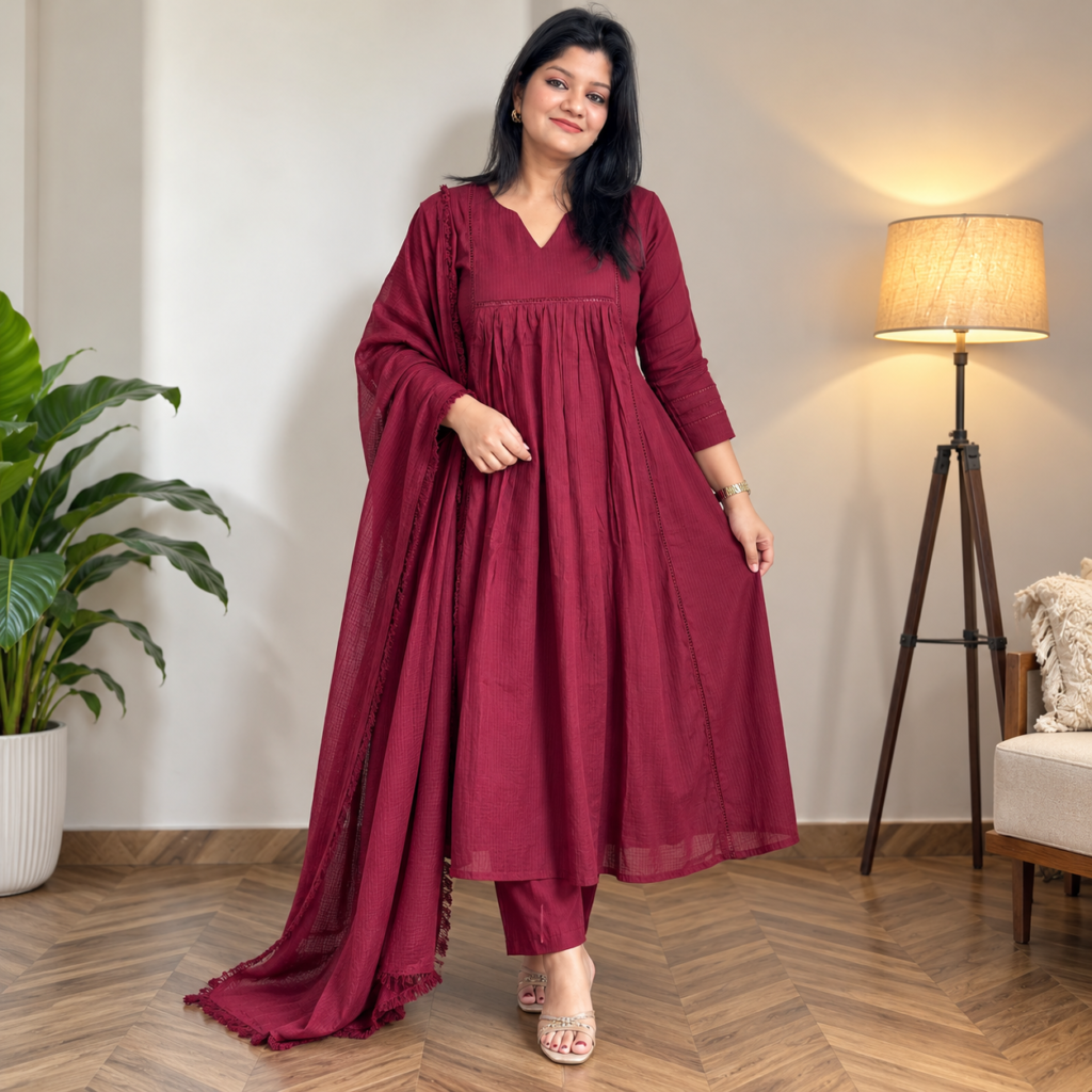 Women’s Maroon Pure South Cotton Anarkali Kurta Pant Dupatta Set