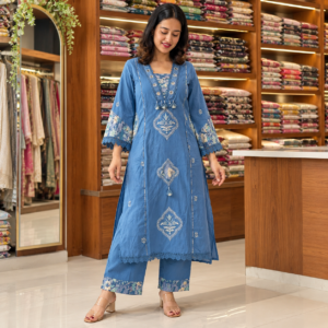 Women’s Steel Blue Printed Kurta Pant Dupatta Set with Lace Detailing