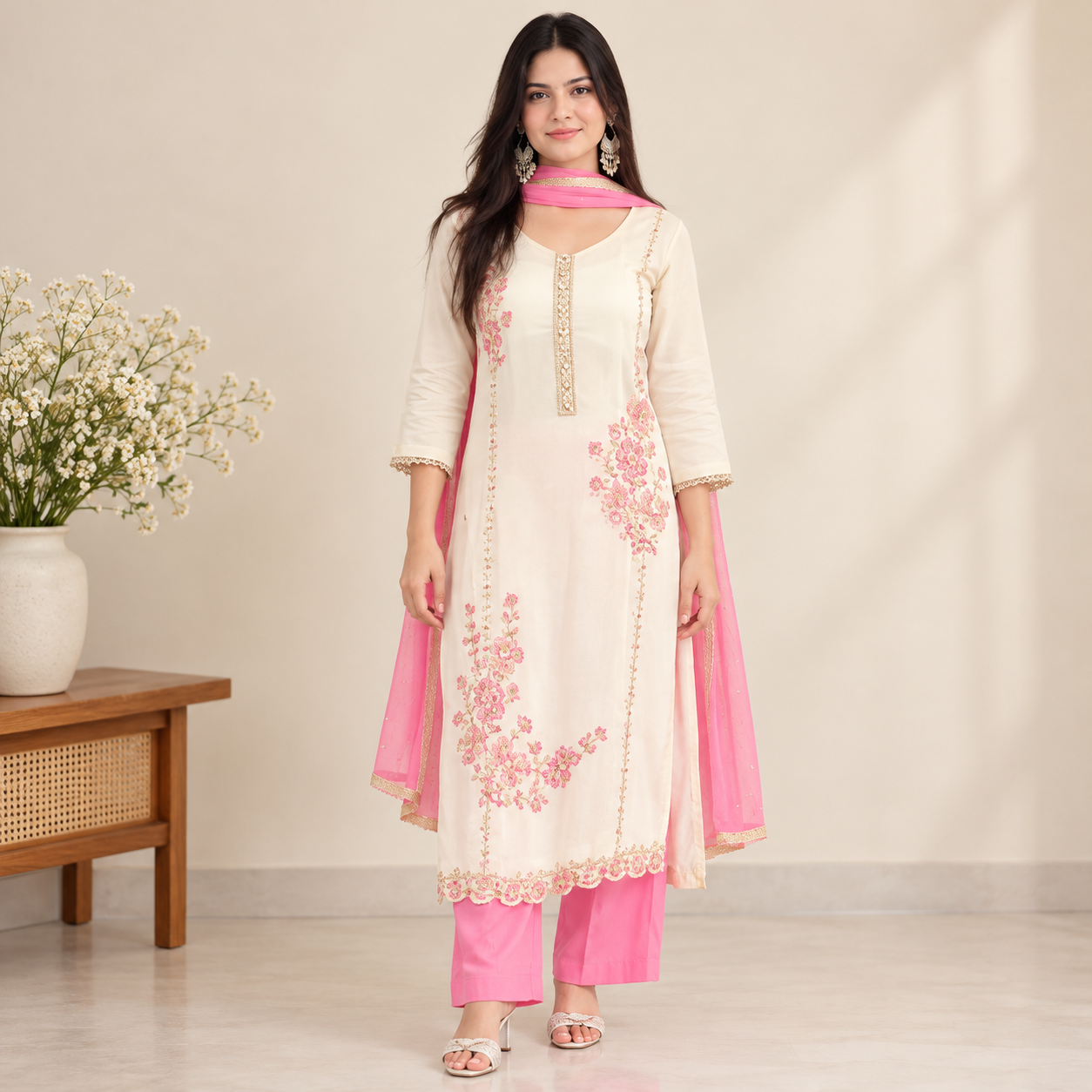 Women’s Cream Pink Embroidered Kurta Pant Dupatta Set with Lace Detailing - Image 3