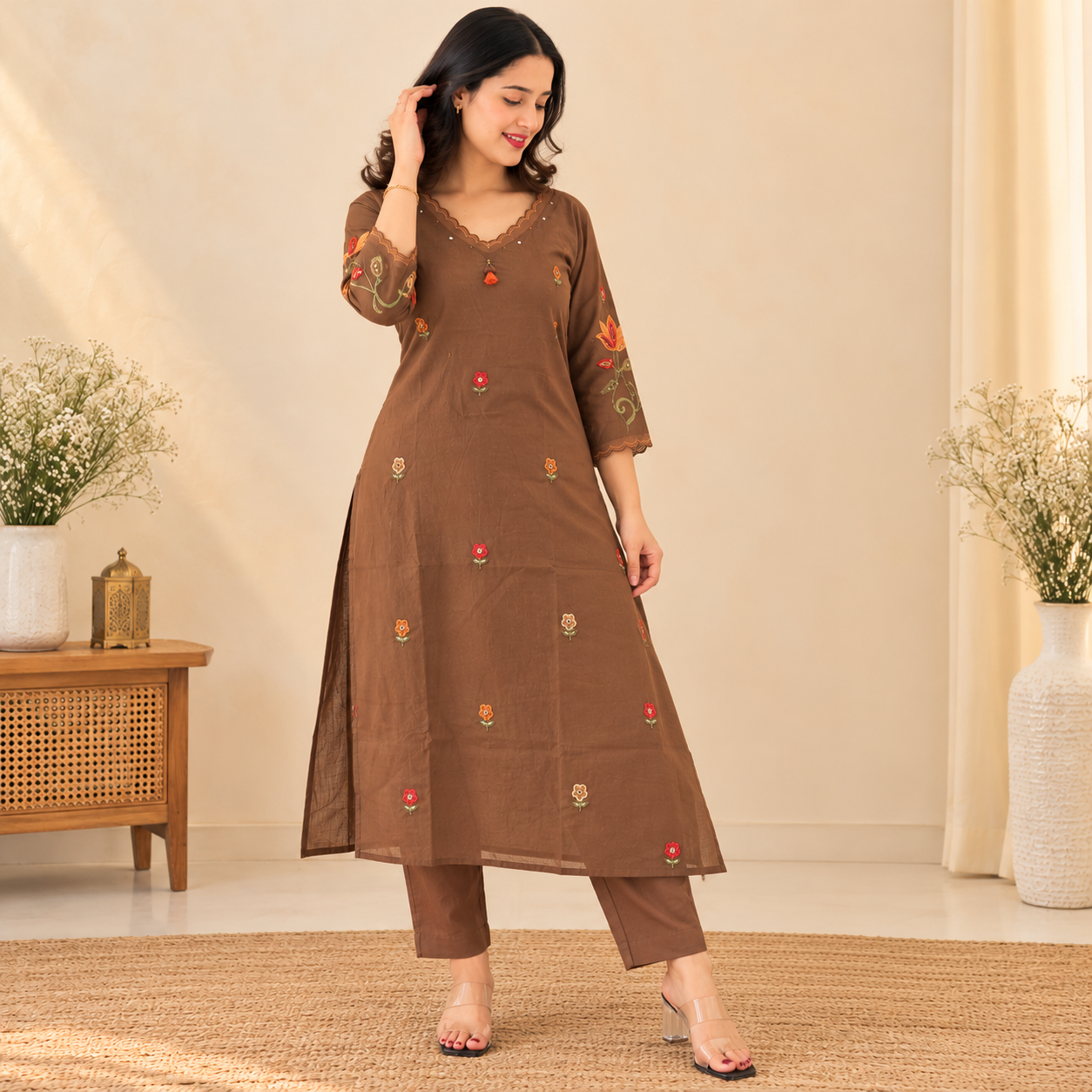 Women’s Coffee Brown Pure Cotton Embroidered Kurta Pant Dupatta Set - Image 3