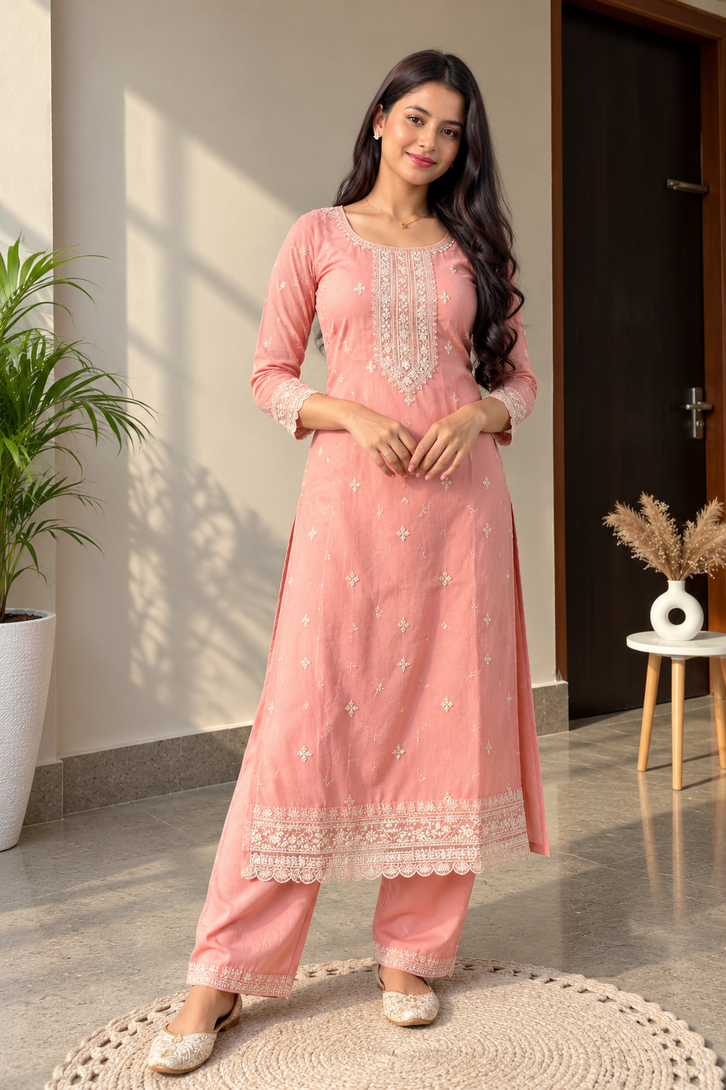 Women’s Peach Pink Embroidered Kurta Pant Dupatta Set with Lace Border - Image 2