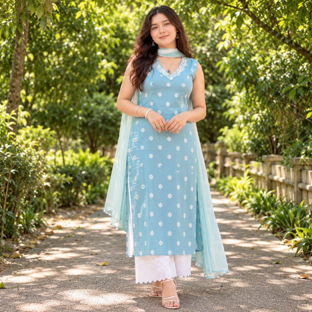 Women’s Sky Blue Printed Kurta Pant Dupatta Set with White Lace Pants