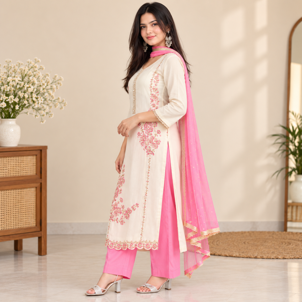 Women’s Cream Pink Embroidered Kurta Pant Dupatta Set with Lace Detailing