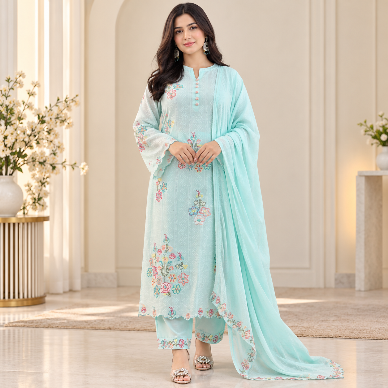 Women’s Sea Green South Cotton Embroidered Kurta Pant Dupatta Set