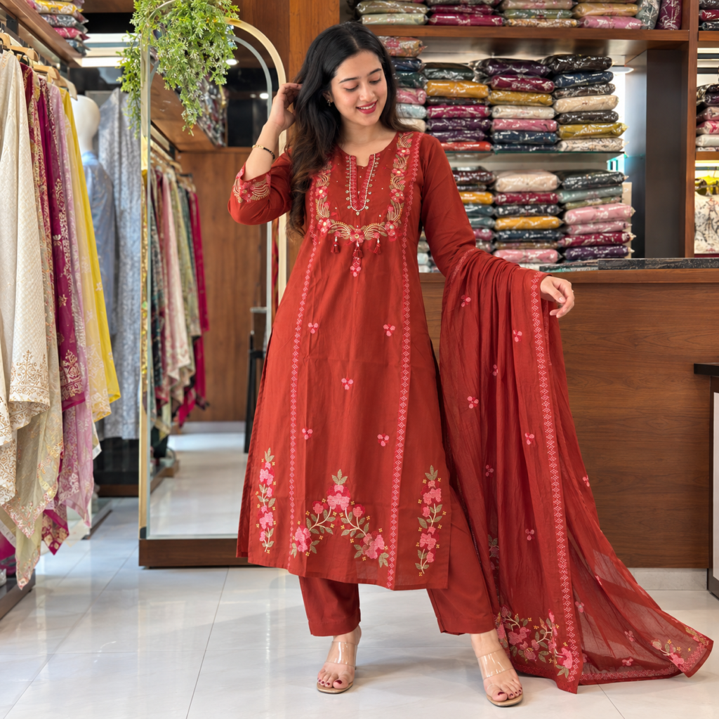 Women’s Rust Red Embroidered Kurta Pant Dupatta Set with Floral Thread Work