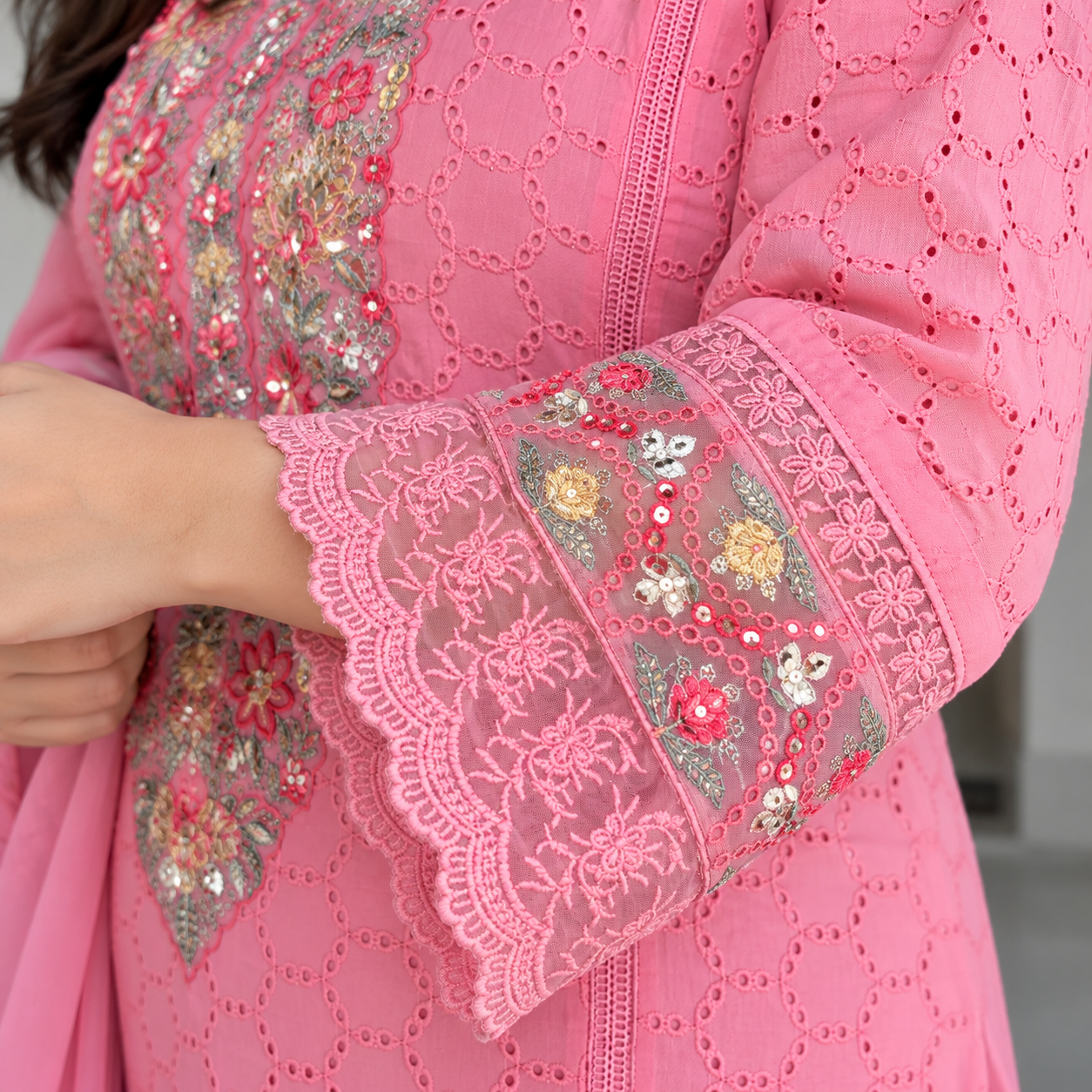 Women’s Pink Embroidered Kurta Pant Dupatta Set with Cutwork Detailing - Image 4