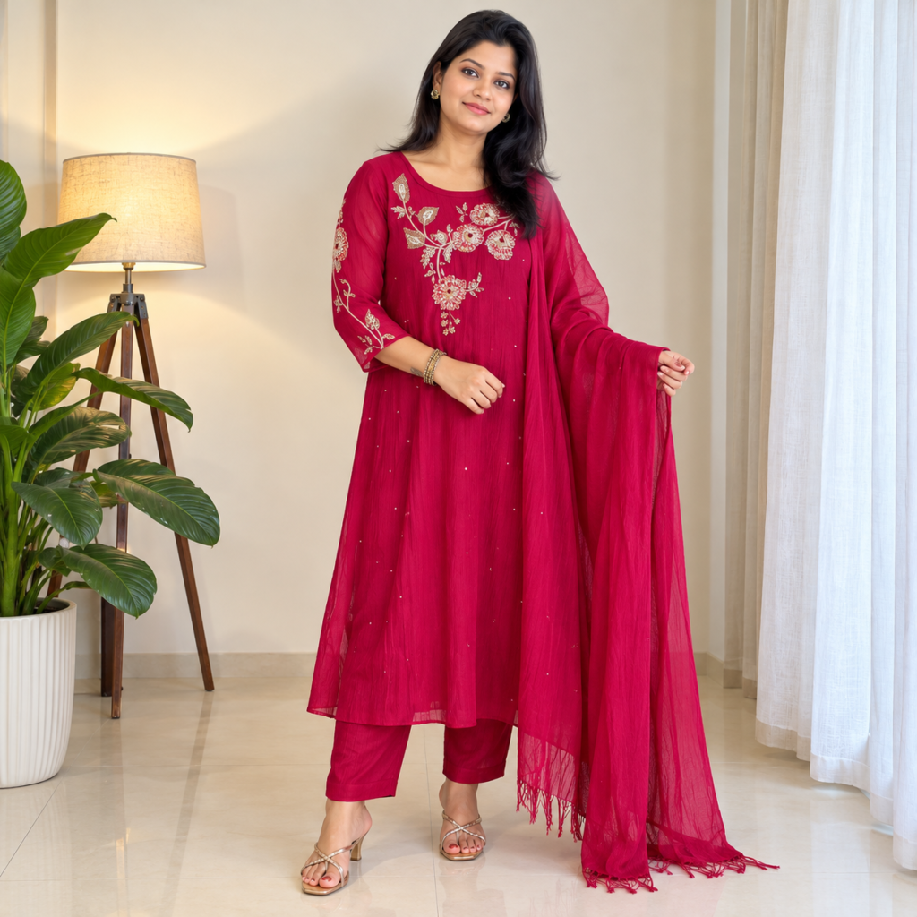 Women’s Rani Pink Pure Cotton Embroidered Kurta Pant Dupatta Set