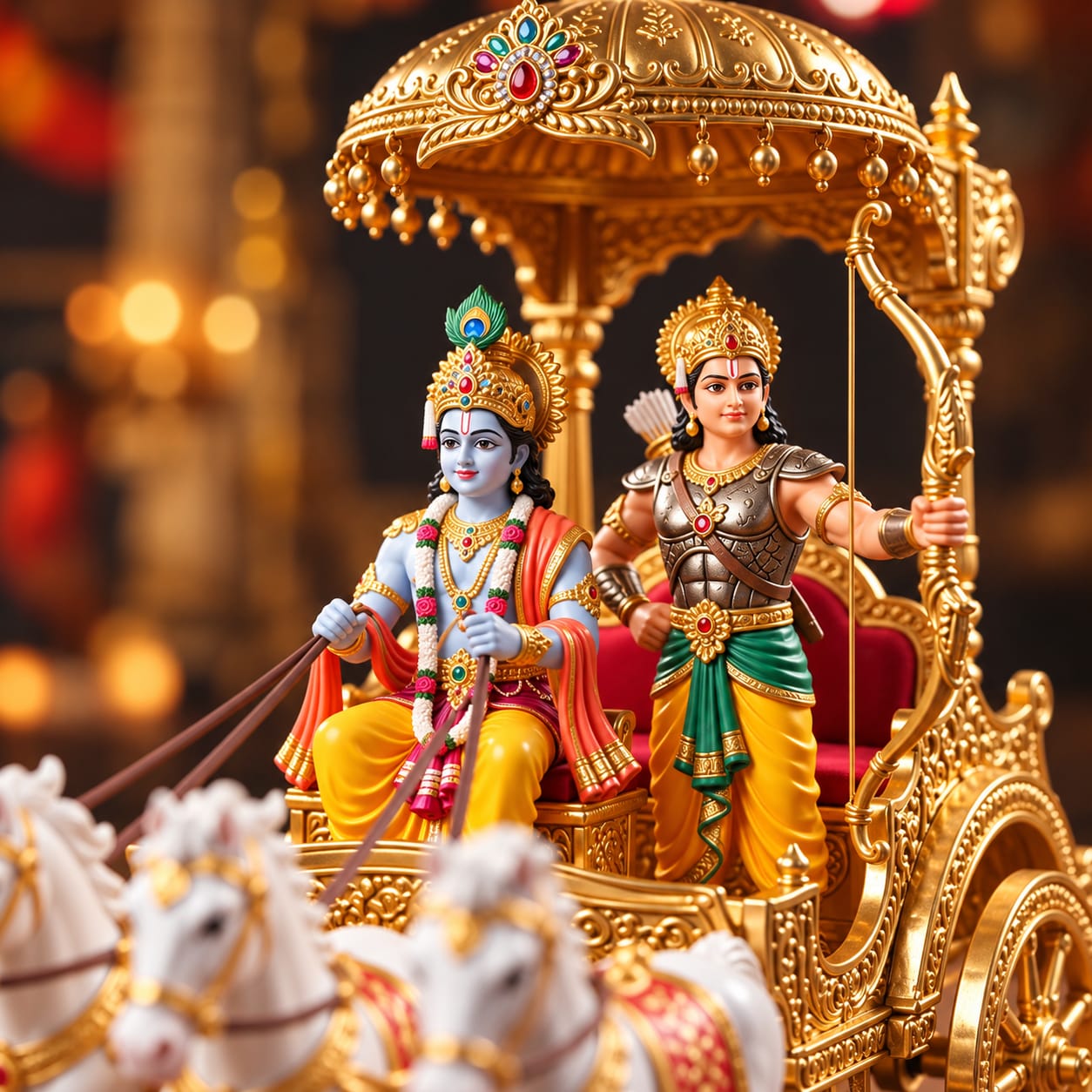 Premium Lord Krishna & Arjuna Golden Chariot Decorative Showpiece – 25 CM - Image 3
